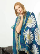 Daisy flower knitted blanket navy & white living room throw