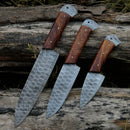 Damascus 3 Piece Chef Knife Set & Leather Roll