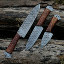 Damascus 3 Piece Chef Knife Set & Leather Roll