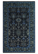Dark Blue and Beige 5.6x8.6 Hand Knotted Traditional Oushak wool area rug