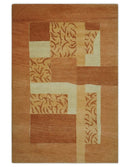 Dark Peach, Rust and Ivory Modern Geometrical Blocks Hand knotted 4x6 wool Area Rug