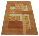 Dark Peach, Rust and Ivory Modern Geometrical Blocks Hand knotted 4x6 wool Area Rug