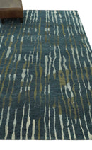 Dark Teal, Olive and Silver Modern Stripes Design Hand loom 5x8 wool and Art Silk Area rug