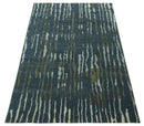 Dark Teal, Olive and Silver Modern Stripes Design Hand loom 5x8 wool and Art Silk Area rug