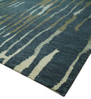Dark Teal, Olive and Silver Modern Stripes Design Hand loom 5x8 wool and Art Silk Area rug