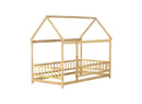 Twin Size House Floor Wooden Bed with Roof Frame,Safety Guardrails,Natural