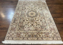 Pak Persian Rug 4x6, Floral Medallion, Beige, Wool and Silk Highlights, Vintage Handmade Rug