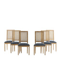 Elegant French Country Dining Chairs Set of 6 with Cane Backrest & Upholstered Seats in Blue Gray Solid Rubberwood Frame