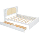 Queen Size Rattan Headboard Bed with Two Drawers and Trundle, White