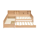 Twin Size Wooden L Shaped Daybed with Under-bed Trundle and Storage Drawer, Versatile Corner Bed Frame with Bookcases for 3, Natural