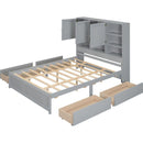 Queen Size Platform Bed with Storage Headboard and 4 Drawers, Gray