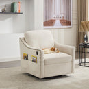 cream white fabric swivel rotating accent chair with USB and magazine book for living room and hotel bed room