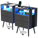 2 Pack Modern Nightstand with Charging Station, Bedside Tables with LED Light and Fabric Drawers