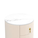Upholstered Nightstand with 3 Drawers, Round Bedside Table with Metal Handles,Marbling Stickers Top Night Table for Bedroom, Fully Assembled Except Handles, Beige