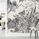 Black and White Floral Wallpaper with Birds