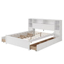 White Wooden Storage Bed with Tall Extended Bookcase Headboard, 6 Drawers and Charging Station for Teens Adults, No Box Spring Needed,Full