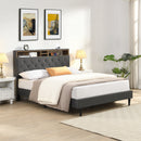 Modern Dark Grey Queen-Size Upholstered Platform Bed Frame with Button-Tufted Linen Headboard and USB Ports