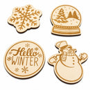 Set of 4 Unfinished Wooden Etched Winter Theme Cutout DIY Craft 4.8 Inches