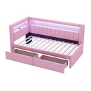 Upholstered Twin Size Platform Bed with USB Ports and LED Belt, With 2 Drawers, Pink