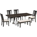 Traditional 6-Piece 78inch Trestle Extendable Dining Table Set with One 18inch Removable Leaf, Padded Dining Chairs and Bench,Distressed White