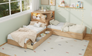 L-Shaped Combination Twin Bed with Trundle and Drawer,3-in-1 Low Corner Platform Bed Linked with Built-in Desk and Led Downlight, Natural