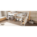 Full Size Metal Loft Bed with Staircase,Low Storage Table and Storage Shelves,White