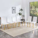 A Set of 4 White PU Leather Backrest Chairs with Gold Metal Legs - A Perfect Match, Suitable for Minimalist and Contemporary Home Décor Styles, With Product Dimensions of 16.2*18.5*34.6 inches