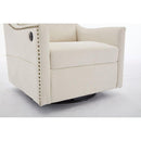 cream white fabric swivel rotating accent chair with USB and magazine book for living room and hotel bed room