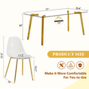 Table and chair set.71 * 35.4 inch rectangular dining table.Tempered Glass Tabletop,Golden 7-shaped Metal Table Legs.Paried With 8 Transparent Plastic Dining Chair with Gold Metal Legs.