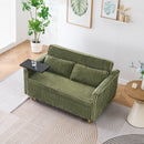 The pull-out and push-in green corduroy sofa with dual functions, equipped with a movable tabletop and USB ports, is suitable for use in living rooms and bedrooms.