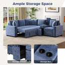 L-shaped Convertible Sofa Bed with Pull-Out Bed, Cup Holders, and Storage Space, Blue Chenille, 120.5'