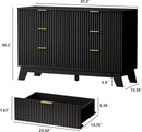 6 Drawer Dresser In Natural Wood With Fluted Front And Gold Handles