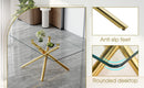 Table and chair set.Modern Luxurious Transparent Tempered Glass Dining Table Set with 8 Chairs.Single Fork Golden Metal Table Legs.Black high-quality PU dining chairs with golden metal legs.