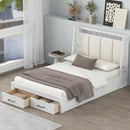 Full Size Wood Platform Bed with Upholstered Headboard and 2 Drawers, White