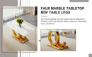 Table and chair set.Subtle Luxury Tempered Glass Dining Set - 63'x35.4' with 4 Black PU Chairs with golden C-tube metal leg.Arched Metal Gold Leg.White imitation marble texture sticker Tabletop.