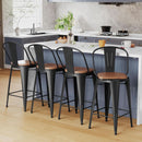26 Inch Swivel Bar Stools Set Of 4 With Large Wooden Seat Matte Black High Back Design