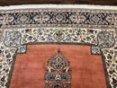 Persian Tabriz Rug 10x13, Wool Hand Knotted Vintage Carpet, Salmon Red & Ivory, Semi Open Field, Birds & Animal Motifs, Large Rug