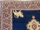 Antique Persian Mashad Rug 4x6, Semi Open Field, Navy Blue, Lion Pictorials, Triple Medallion, Dorokhsh Rug