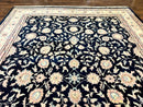 Indo Persian Rug 9x12, Navy Blue and Ivory/Cream, Floral Allover, Wool Vintage Handmade Carpet