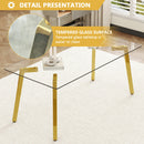 Table and chair set.71 * 35.4 inch rectangular dining table.Tempered Glass Tabletop,Golden 7-shaped Metal Table Legs.Paried With 8 Black High-quality PU Chairs With Arched Metal Legs.W1151S03301