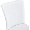 Table and chair set.63'x31.5x30' Luxurious Pandora patterned Sintered Stone Tabletop with Silver Stainless Steel Legs.Paried With 4 White PU Chairs with a vertical stripe design on the backrest.