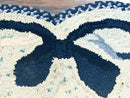 Small American Hooked Rug, Vintage Welcome Mat, Heart Shaped, Ivory and Blue