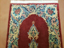 Small Persian Kirman Rug 2x4, Wool Oriental Vintage Handmade Carpet, Hand Knotted Floral Medallion, Red & Beige, Semi Open Field