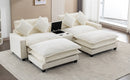 Chenille Upholstered Sectional Sofa with Removable Ottoman, USB Ports, Cup Holders, and Storage, Beige, 111'
