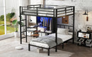 Full XL Over Twin Metal Bunk Bed with Folding Desk, Closet with LED ,Space-Saving/Noise Reduced, Black
