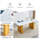 Table and chair set.Large modern rectangular table with 0.4 inch patterned glass tabletop and large MDF table legs.Comes with 8 chairs with faux leather cushioned seats and golden metal legs.