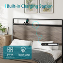 Bed frame king size, wooden platform bed frame with storage LED light headboard and 2 USB, no noise, no spring mattress required and simple assembly tools, large underbed storage, Antique Grey