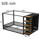 Full Size Floor Bed Frame with Wardrobe, Metal floor Bed with Storage Shelves, Black
