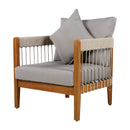 Acacia Wood Outdoor Club Chair with Handwoven Rope Accents & Curved Backrest - Water-Resistant Boho Patio Lounge Chair with Removable Cushions for Porch, Garden