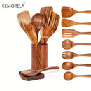 DecorBites™ 9-Piece Wooden Cooking Utensils Set with Holder - Teak Kitchen Tools